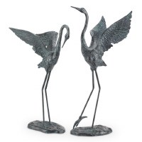 28" Set of 2 Verdigris Textured Metal Cranes on Wing Sculpture