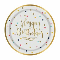 7" Round Foil Happy Birthday With Confetti Paper Dessert Plates