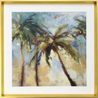 26" x 26" Square Green and Brown Three Palm Trees Print with Gold Frame Under Glass