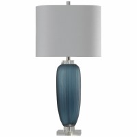 35" Blue Ribbed Glass and Clear Acrylic Table Lamp