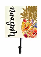 7.5" "Welcome" Off-White with Multicolored Pineapple Wood Plaque with Hook