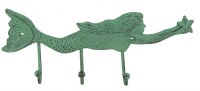 10" Distressed Green Finish Cast Iron Mermaid Wall Hook