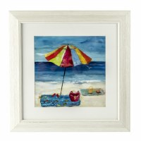 20" Square Multicolored Umbrella with Blue Towel on Beach 1 Under Glass