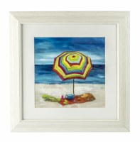 20" Square Multicolored Umbrella with Red Towel on Beach 2 Under Glass