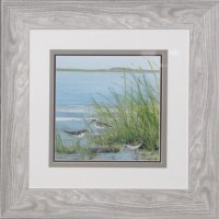 24" Square 3 Sandpiper with Reeds on Water Framed Under Glass