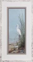 28" x 16" White Egret with Reeds on the Side Coastal Print in a Distressed White Frame Under Glass