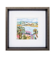 12" Square Multicolored Palm Tree with Bird Framed Under Glass