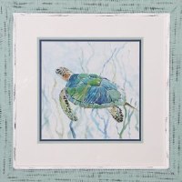 21' Square Blue and Green Sea Turtle Back Framed Under Glass