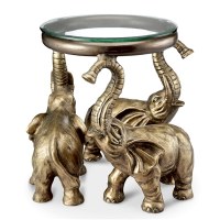 24" Round Distressed Brass Finish Table with Glass Top and Three Elephant Base