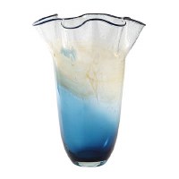 16" Clear, Blue, and Yellow Ruffle Glass Vase