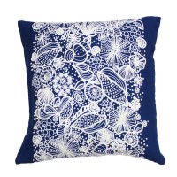 18" Square Navy and White Embroidered Shell Pillow