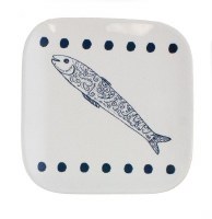 6" Square White and Blue Fish Ceramic Plate