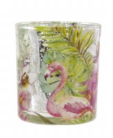 Set of Two 3" Flamingos and Orchids Glass Votive