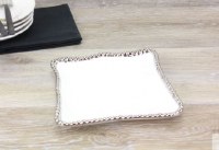 7" Square White and Silver Beaded Ceramic Plate  by Pampa Bay