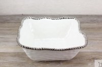 9" Square White and Silver Beaded Ceramic Bowl  by Pampa Bay