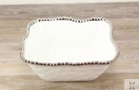 11" Square White and Silver Beaded Ceramic Bowl  by Pampa Bay