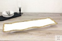 19" White and Gold Beaded Ceramic Tray  by Pampa Bay