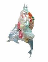 6" Multi Colored Santa on Dolphin Glass Ornament