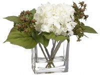 8" Faux White and Green Hydrangeas and Sedums in a Glass Vase