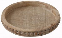 16" Round Beaded Whitewashed Brown Wood Tray