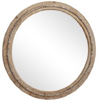 36" Round Beaded Whitewash Natural Wood Mirror