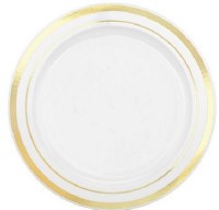 6" Pack of 20 White and Gold Plastic Plates