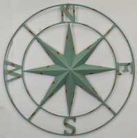 36" Round Distressed Blue Compass Rose Coastal Metal Wall Art Plaque