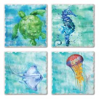 Set of 4, 4" Arianna Sealife Tumbled Tile Assorted Coasters