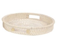 16" Round Natural and White Rattan Tray