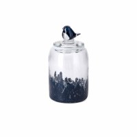 9" Clear and Blue Jar With Bird Lid