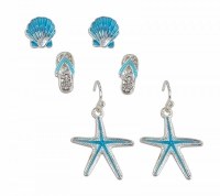 Set Of 3 Silver Aqua Shell Flip Flop and Starfish Earrings