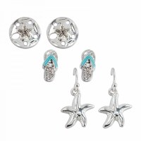 Set Of 3 Silver Toned Flip Flop Starfish and Sand Dollar Earrings