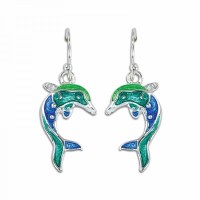 Silver and Blue Green Dolphin Earrings