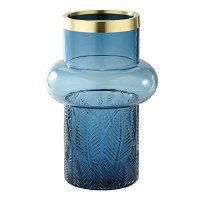 12" Blue With Gold Rimmed Leaf Glass Vase