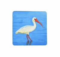 4" Square White Ibis On Blue Coaster