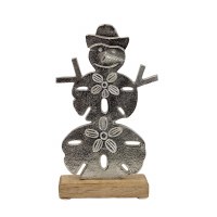 10" Silver Sand Dollar Snowman With Wooden Base