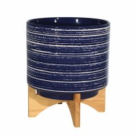 11" Round Dark Blue Pot With Wooden Stand