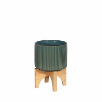 5" Round Teal Ribbed Pot With Wooden Stand