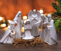 Set of 7 10" Hand-Painted White Ceramic With Gold Accents Nativity Set