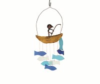 19" Multicolor Blue Glass and Wood Man Fishing Wind Chime
