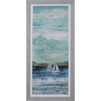 43" x 19" Blue and Green Shore Boats Gel Textured Coastal Print in a Distressed Natural Frame