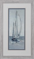 29" x 17" Blue and White Sailboat Going Right Coastal Print in a Graywash Frame Under Glass