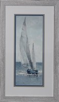 29" x 17" Blue and White Sailboat Going Left Coastal Print in a Graywash Frame Under Glass