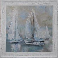 36" Square Three Sailboats 1 Gel Textured Coastal Print in a Distressed White Frame