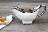 9" White Beaded Ceramic Gravy Boat by Pampa Bay