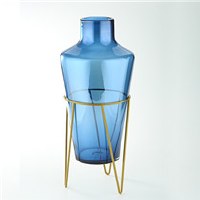 17" Blue Glass Vase With Gold Metal Stand