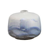 6" White and Blue Squat Ceramic Vase
