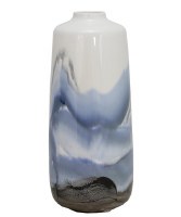 15" White and Blue Squat Ceramic Vase