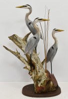 Three Small Blue Polyresin Heron on Driftwood