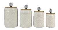 Set of 4 White Canisters With Glass Knobs